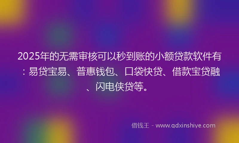 2025年的无需审核可以秒到账的小额贷款软件有：易贷宝易、普惠钱包、口袋快贷、借款宝贷融、闪电侠贷等。