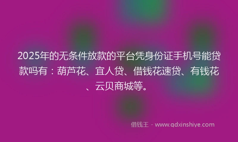 2025年的无条件放款的平台凭身份证手机号能贷款吗有：葫芦花、宜人贷、借钱花速贷、有钱花、云贝商城等。