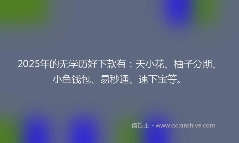 2025年的无学历好下款有：天小花、柚子分期、小鱼钱包、易秒通、速下宝等。