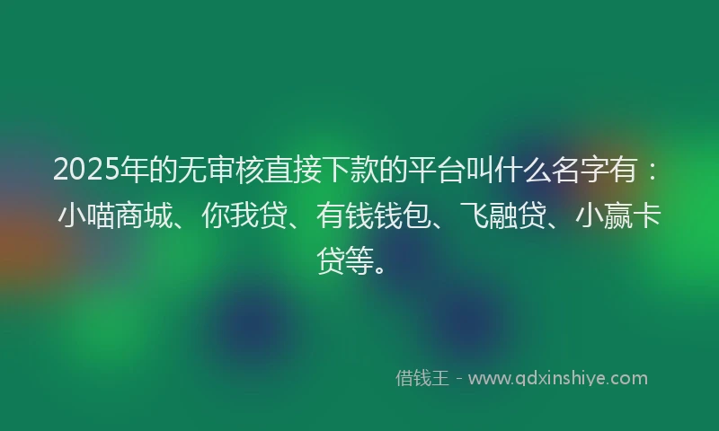 2025年的无审核直接下款的平台叫什么名字有：小喵商城、你我贷、有钱钱包、飞融贷、小赢卡贷等。
