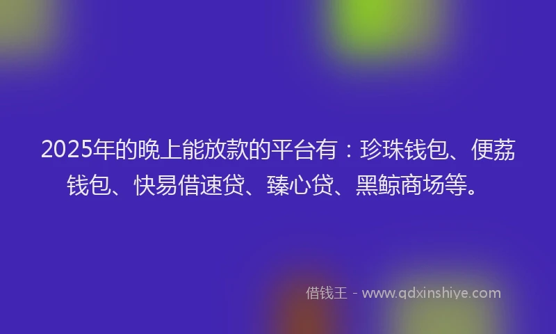 2025年的晚上能放款的平台有：珍珠钱包、便荔钱包、快易借速贷、臻心贷、黑鲸商场等。
