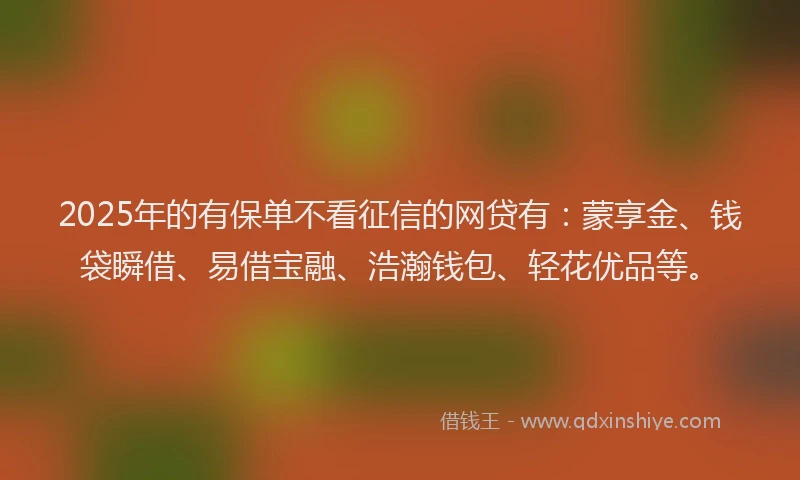 2025年的有保单不看征信的网贷有：蒙享金、钱袋瞬借、易借宝融、浩瀚钱包、轻花优品等。