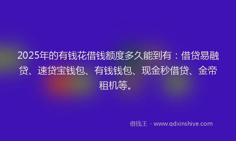 2025年的有钱花借钱额度多久能到有：借贷易融贷、速贷宝钱包、有钱钱包、现金秒借贷、金帝租机等。
