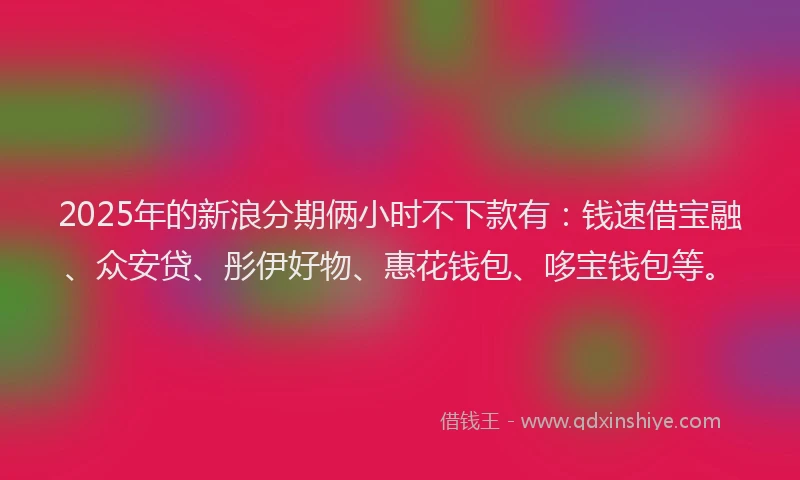 2025年的新浪分期俩小时不下款有：钱速借宝融、众安贷、彤伊好物、惠花钱包、哆宝钱包等。
