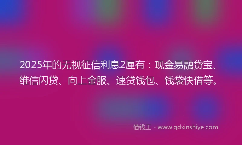 2025年的无视征信利息2厘有：现金易融贷宝、维信闪贷、向上金服、速贷钱包、钱袋快借等。