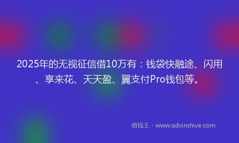 2025年的无视征信借10万有：钱袋快融途、闪用、享来花、天天盈、翼支付Pro钱包等。