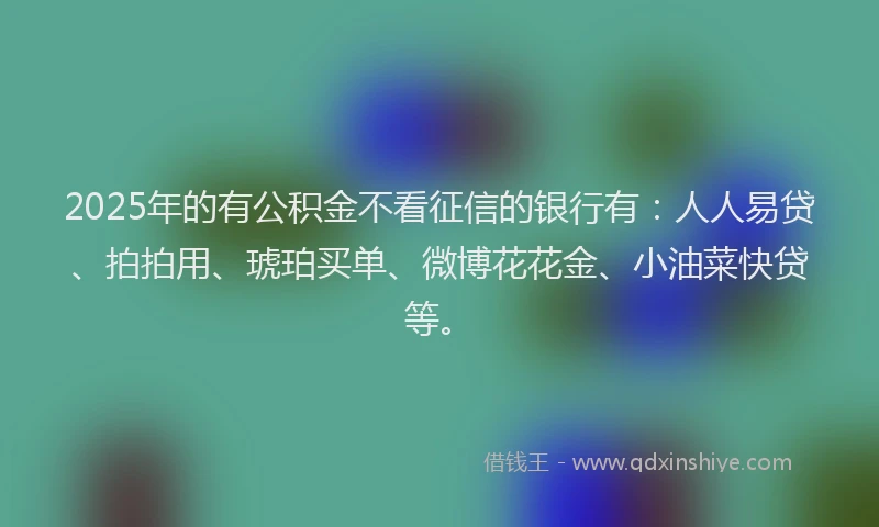 2025年的有公积金不看征信的银行有：人人易贷、拍拍用、琥珀买单、微博花花金、小油菜快贷等。