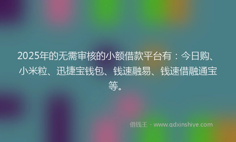 2025年的无需审核的小额借款平台有：今日购、小米粒、迅捷宝钱包、钱速融易、钱速借融通宝等。