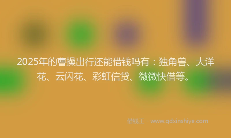 2025年的曹操出行还能借钱吗有：独角兽、大洋花、云闪花、彩虹信贷、微微快借等。