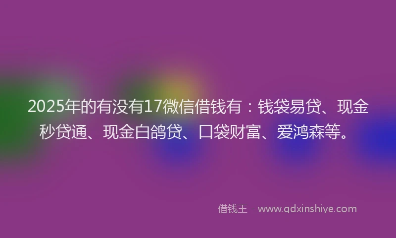 2025年的有没有17微信借钱有：钱袋易贷、现金秒贷通、现金白鸽贷、口袋财富、爱鸿森等。