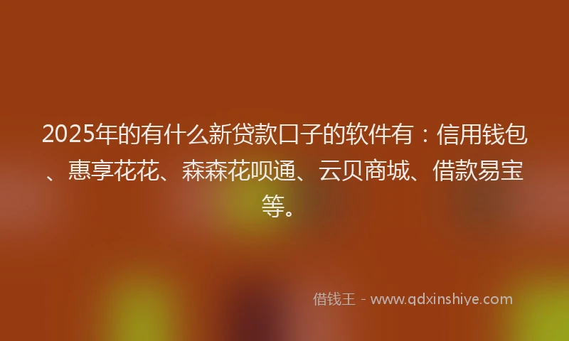 2025年的有什么新贷款口子的软件有：信用钱包、惠享花花、森森花呗通、云贝商城、借款易宝等。