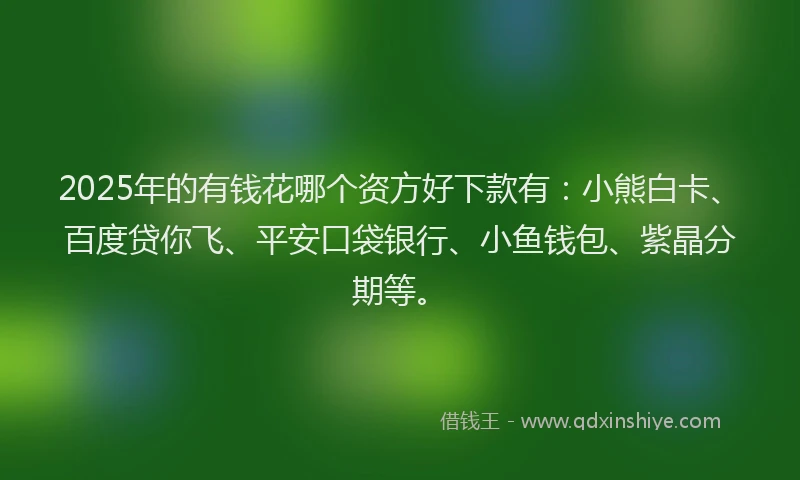 2025年的有钱花哪个资方好下款有：小熊白卡、百度贷你飞、平安口袋银行、小鱼钱包、紫晶分期等。