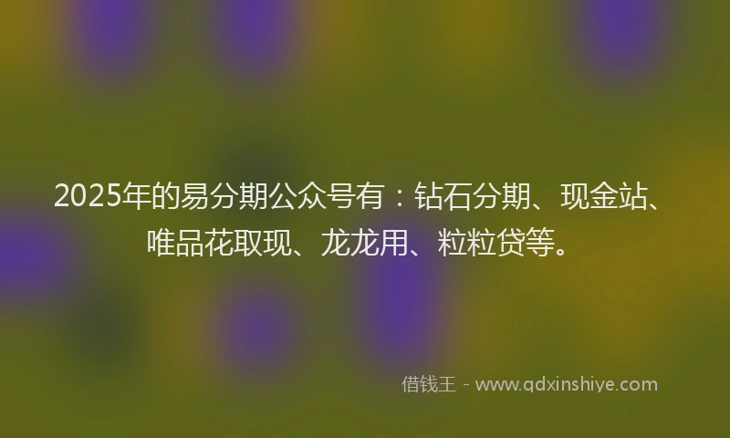 2025年的易分期公众号有：钻石分期、现金站、唯品花取现、龙龙用、粒粒贷等。