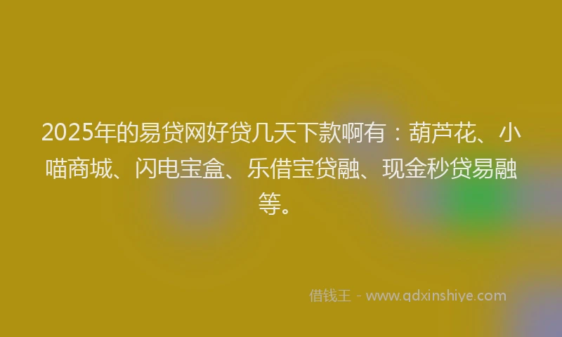 2025年的易贷网好贷几天下款啊有：葫芦花、小喵商城、闪电宝盒、乐借宝贷融、现金秒贷易融等。