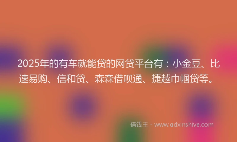 2025年的有车就能贷的网贷平台有：小金豆、比速易购、信和贷、森森借呗通、捷越巾帼贷等。
