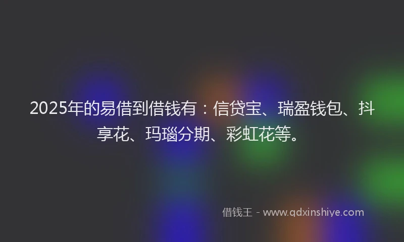 2025年的易借到借钱有：信贷宝、瑞盈钱包、抖享花、玛瑙分期、彩虹花等。