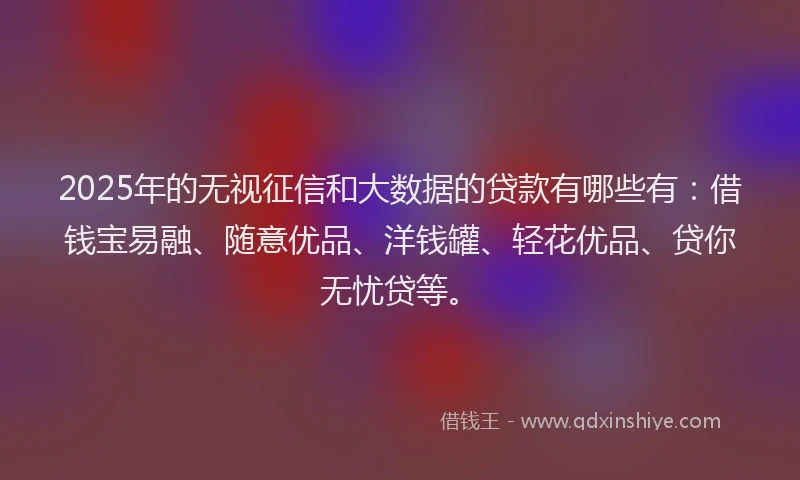 2025年的无视征信和大数据的贷款有哪些有：借钱宝易融、随意优品、洋钱罐、轻花优品、贷你无忧贷等。