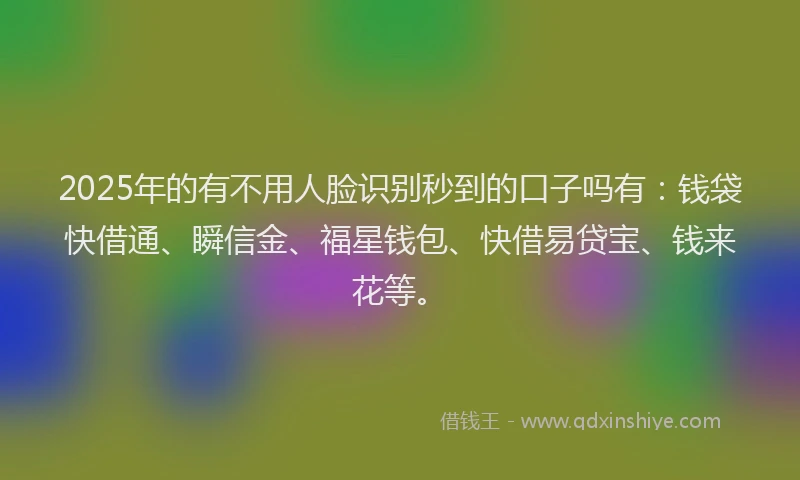 2025年的有不用人脸识别秒到的口子吗有：钱袋快借通、瞬信金、福星钱包、快借易贷宝、钱来花等。