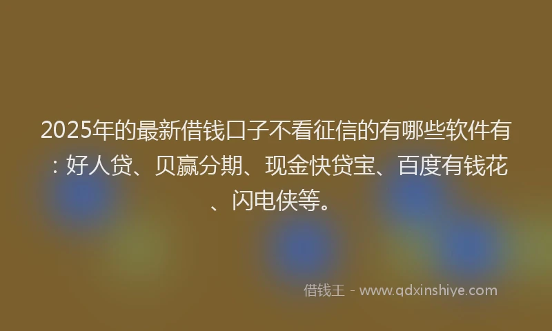 2025年的最新借钱口子不看征信的有哪些软件有：好人贷、贝赢分期、现金快贷宝、百度有钱花、闪电侠等。