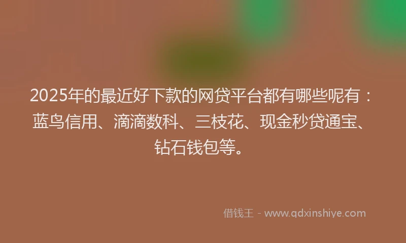 2025年的最近好下款的网贷平台都有哪些呢有：蓝鸟信用、滴滴数科、三枝花、现金秒贷通宝、钻石钱包等。