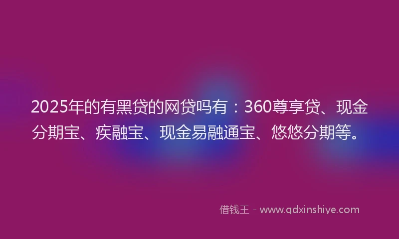 2025年的有黑贷的网贷吗有：360尊享贷、现金分期宝、疾融宝、现金易融通宝、悠悠分期等。