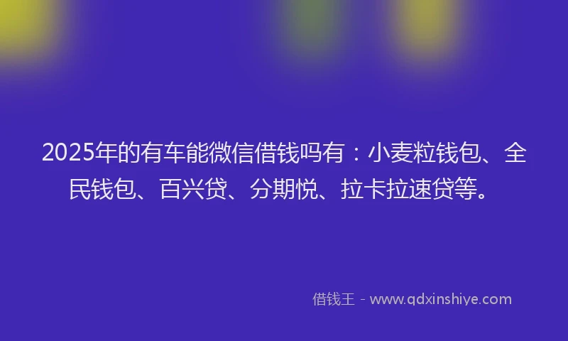 2025年的有车能微信借钱吗有：小麦粒钱包、全民钱包、百兴贷、分期悦、拉卡拉速贷等。