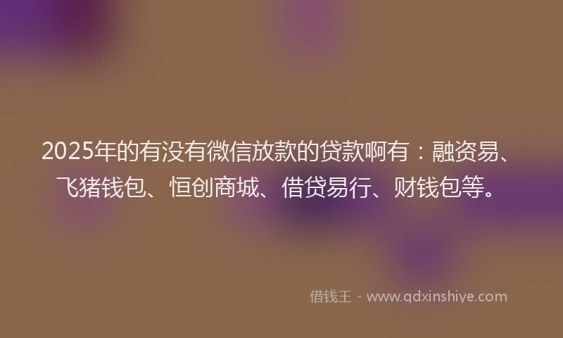 2025年的有没有微信放款的贷款啊有：融资易、飞猪钱包、恒创商城、借贷易行、财钱包等。