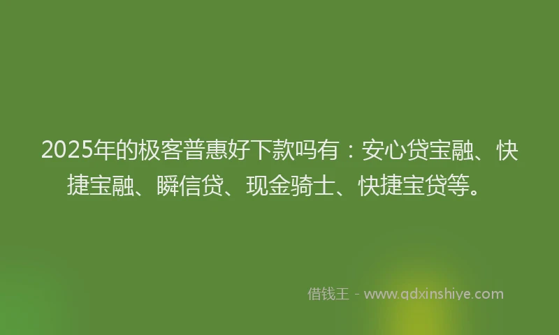 2025年的极客普惠好下款吗有：安心贷宝融、快捷宝融、瞬信贷、现金骑士、快捷宝贷等。
