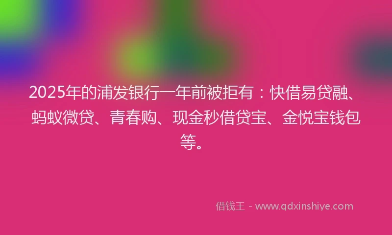 2025年的浦发银行一年前被拒有：快借易贷融、蚂蚁微贷、青春购、现金秒借贷宝、金悦宝钱包等。