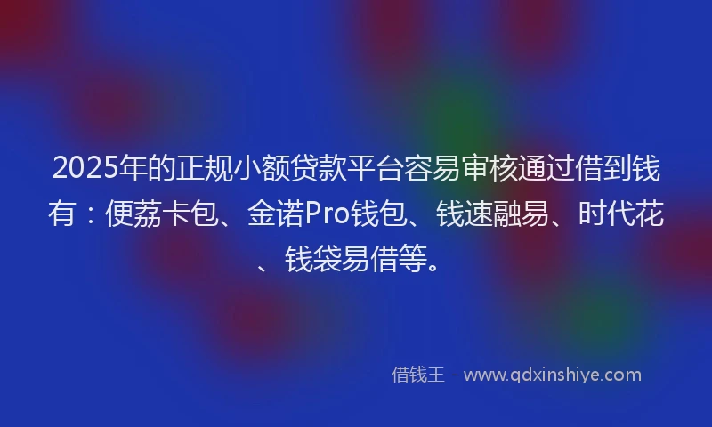 2025年的正规小额贷款平台容易审核通过借到钱有：便荔卡包、金诺Pro钱包、钱速融易、时代花、钱袋易借等。