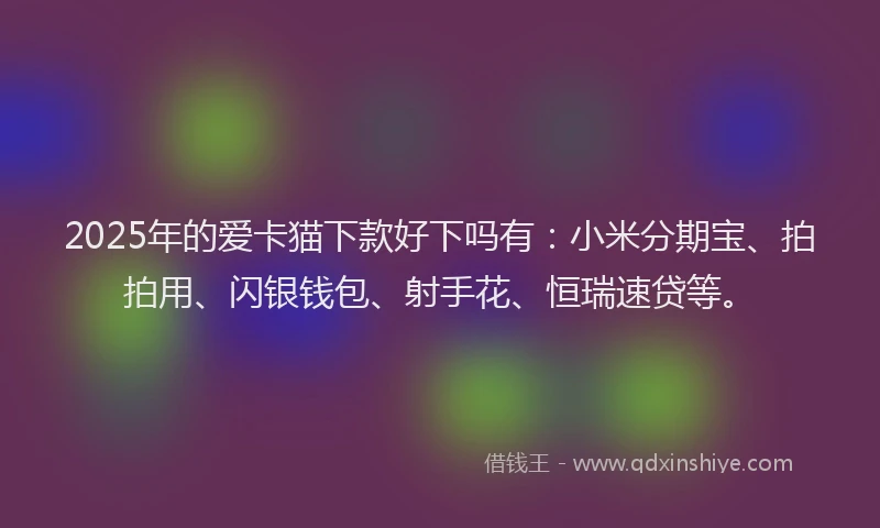 2025年的爱卡猫下款好下吗有：小米分期宝、拍拍用、闪银钱包、射手花、恒瑞速贷等。