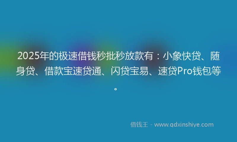 2025年的极速借钱秒批秒放款有：小象快贷、随身贷、借款宝速贷通、闪贷宝易、速贷Pro钱包等。