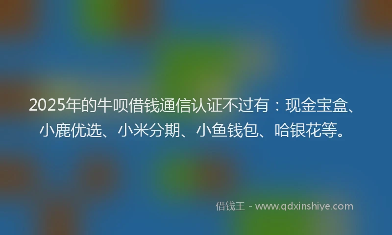 2025年的牛呗借钱通信认证不过有：现金宝盒、小鹿优选、小米分期、小鱼钱包、哈银花等。
