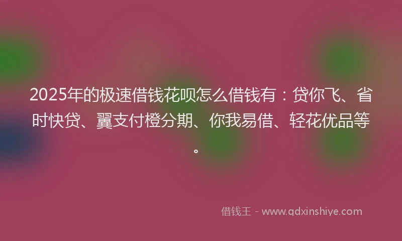 2025年的极速借钱花呗怎么借钱有：贷你飞、省时快贷、翼支付橙分期、你我易借、轻花优品等。