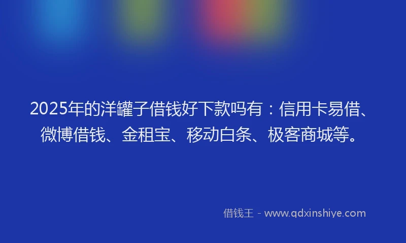2025年的洋罐子借钱好下款吗有：信用卡易借、微博借钱、金租宝、移动白条、极客商城等。