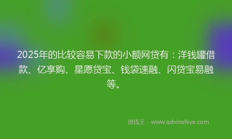 2025年的比较容易下款的小额网贷有：洋钱罐借款、亿享购、星愿贷宝、钱袋速融、闪贷宝易融等。