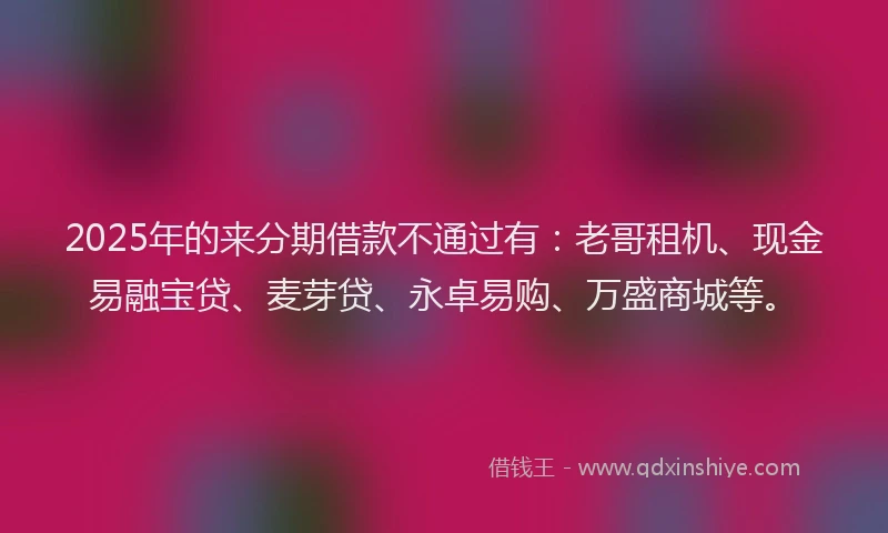 2025年的来分期借款不通过有：老哥租机、现金易融宝贷、麦芽贷、永卓易购、万盛商城等。