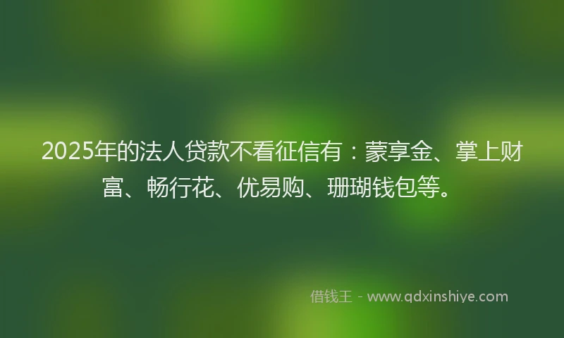 2025年的法人贷款不看征信有：蒙享金、掌上财富、畅行花、优易购、珊瑚钱包等。