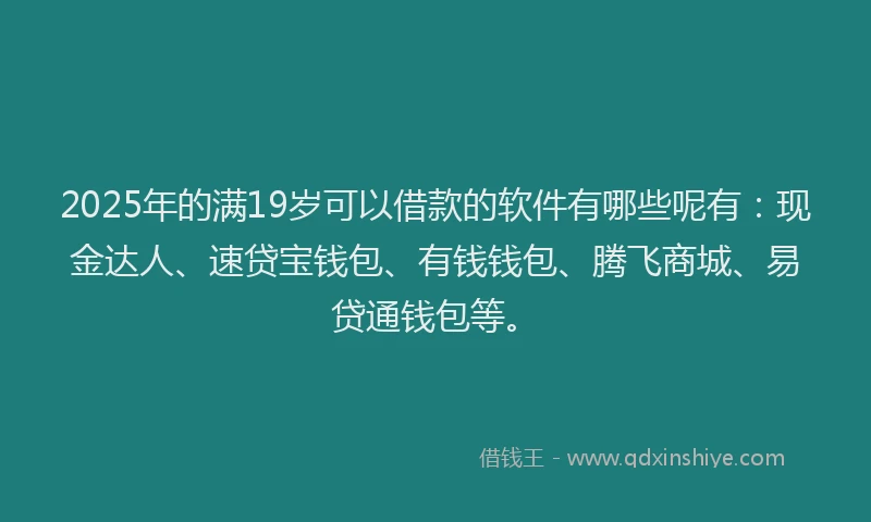 2025年的满19岁可以借款的软件有哪些呢有：现金达人、速贷宝钱包、有钱钱包、腾飞商城、易贷通钱包等。