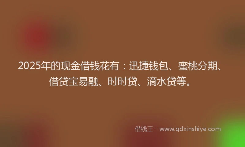 2025年的现金借钱花有：迅捷钱包、蜜桃分期、借贷宝易融、时时贷、滴水贷等。