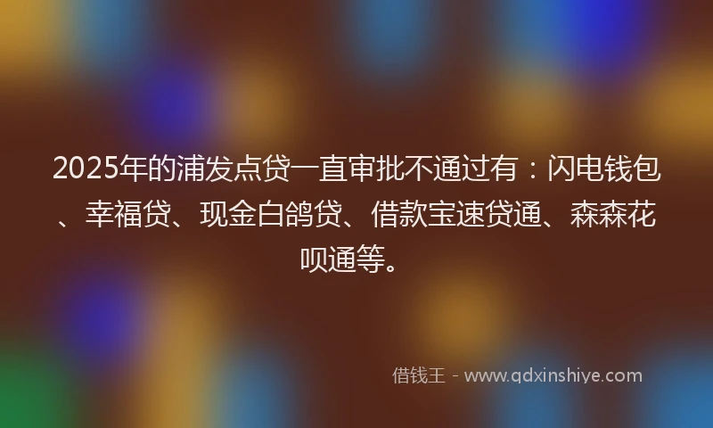 2025年的浦发点贷一直审批不通过有：闪电钱包、幸福贷、现金白鸽贷、借款宝速贷通、森森花呗通等。