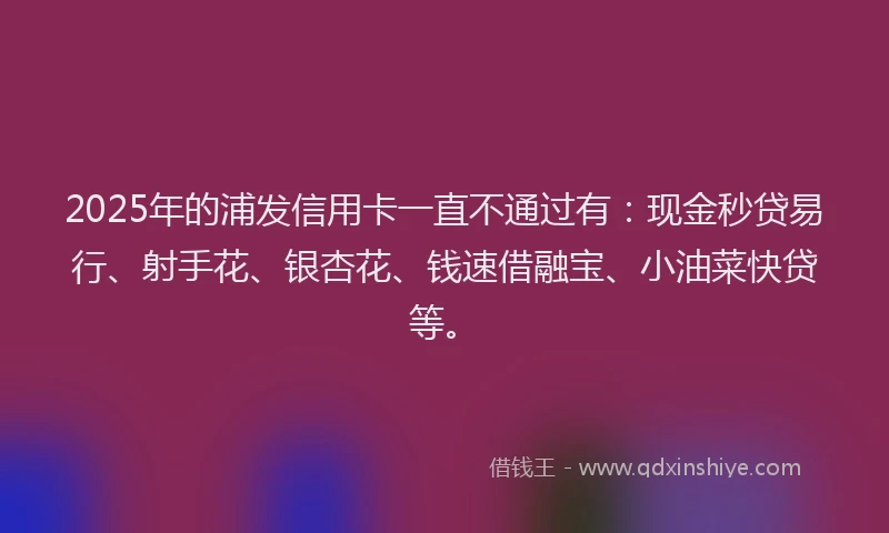 2025年的浦发信用卡一直不通过有：现金秒贷易行、射手花、银杏花、钱速借融宝、小油菜快贷等。