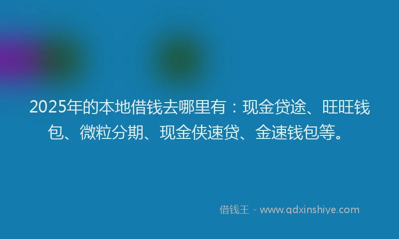 2025年的本地借钱去哪里有：现金贷途、旺旺钱包、微粒分期、现金侠速贷、金速钱包等。