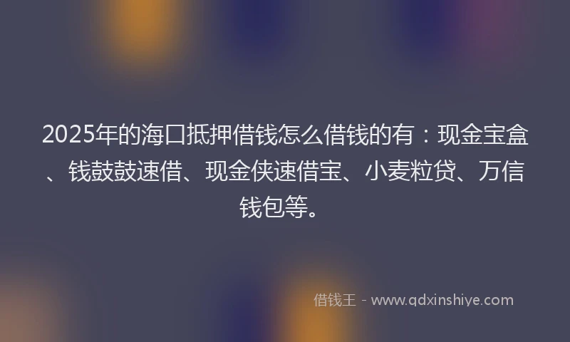 2025年的海口抵押借钱怎么借钱的有：现金宝盒、钱鼓鼓速借、现金侠速借宝、小麦粒贷、万信钱包等。