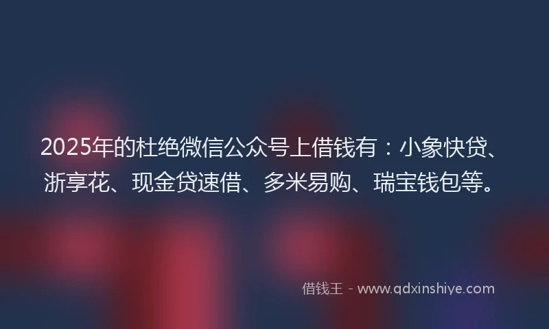 2025年的杜绝微信公众号上借钱有：小象快贷、浙享花、现金贷速借、多米易购、瑞宝钱包等。