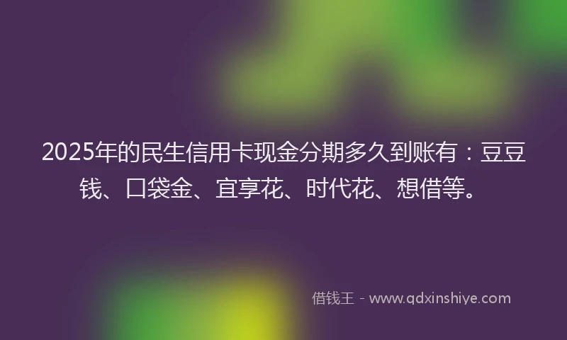 2025年的民生信用卡现金分期多久到账有：豆豆钱、口袋金、宜享花、时代花、想借等。
