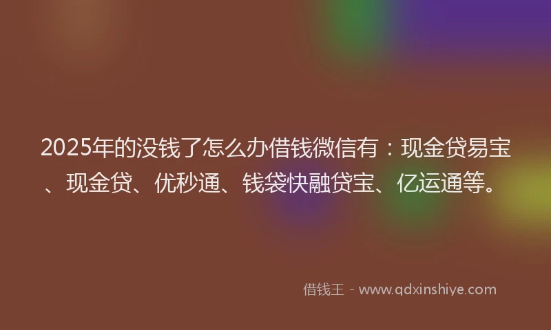 2025年的没钱了怎么办借钱微信有：现金贷易宝、现金贷、优秒通、钱袋快融贷宝、亿运通等。