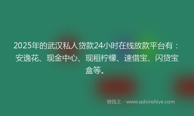 2025年的武汉私人贷款24小时在线放款平台有：安逸花、现金中心、现租柠檬、速借宝、闪贷宝盒等。
