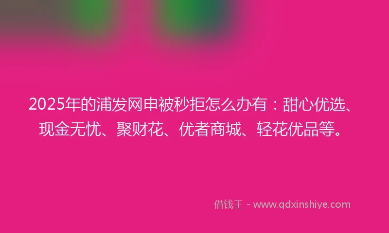 2025年的浦发网申被秒拒怎么办有：甜心优选、现金无忧、聚财花、优者商城、轻花优品等。
