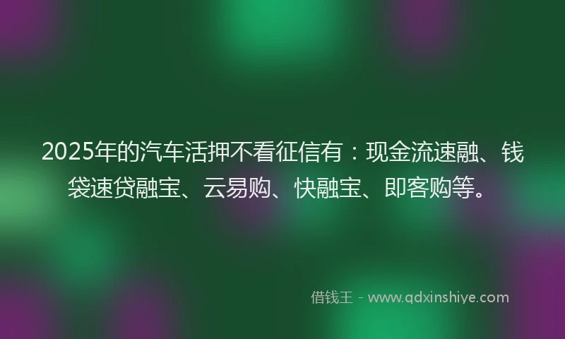 2025年的汽车活押不看征信有：现金流速融、钱袋速贷融宝、云易购、快融宝、即客购等。